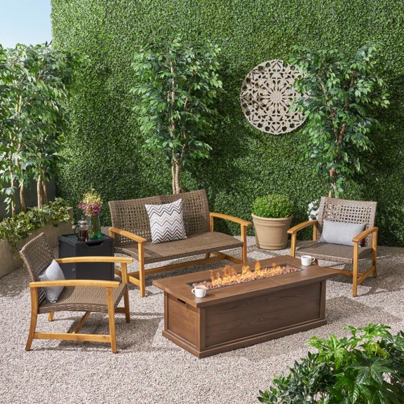 GDF Studio Jennings Outdoor Acacia Wood and Wicker 4 Seater Chat Set with Fire Pit, Mixed Mocha, Natural, and Brown
