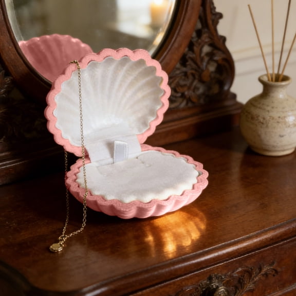 SeaShell Shape Velvet Jewelry Box Organizer for Earrings, Rings, Necklaces – Elegant Display Storage Solution for Gift and Travel Use Pink