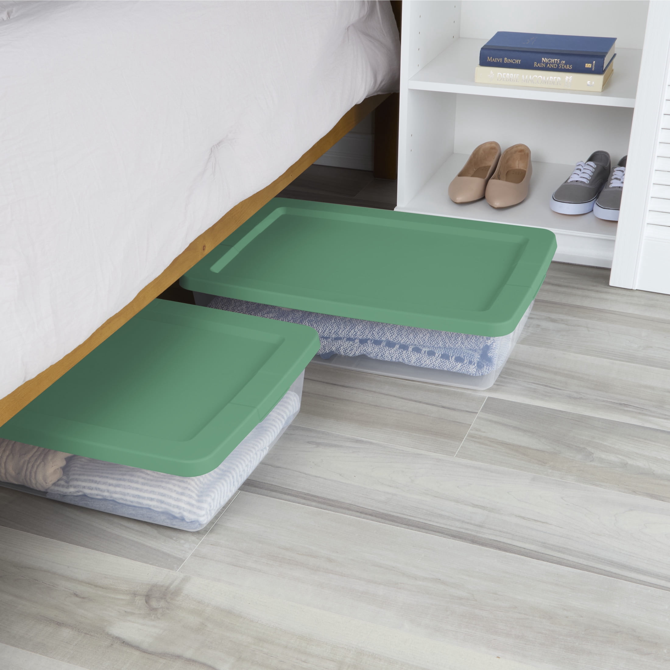Sterilite, 28 Quart Clear Storage Bin, Snap-on Lid Storage Container, with Green Lid, Set of 2
