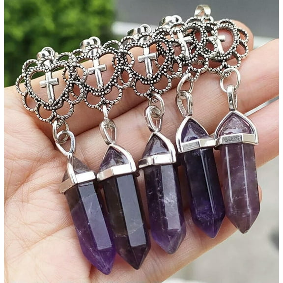K-KED 10pcs Amethyst Gems heart Cross Pendants Chakra Reiki Healing Amulet