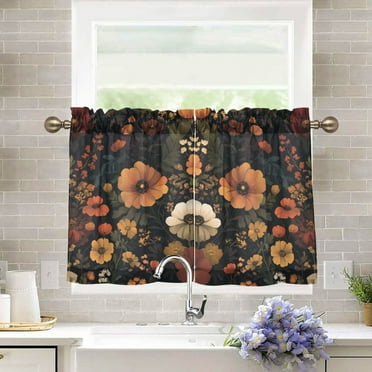 Yayeee Kitchen Curtains Light Filtering 27"x36" Rod Pocket Short Cafe Window Panel, Dark Floral Pattern