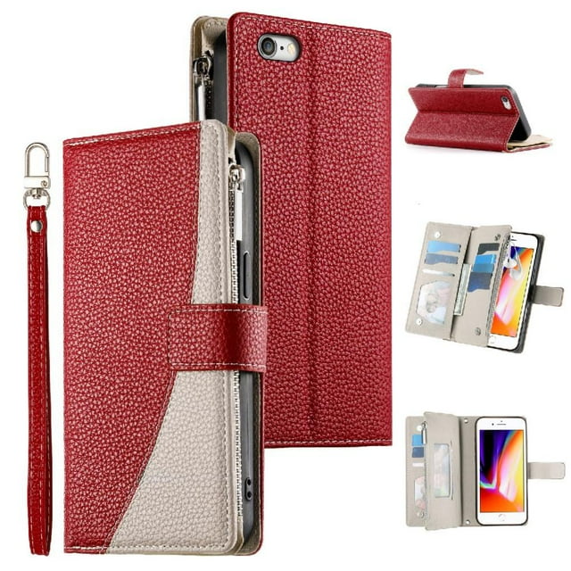 Funda cartera GANGXUN para iPhone SE 2020/2022 , cuero PU con tarjetero, cremallera, correa de mano, soporte y protección 401°