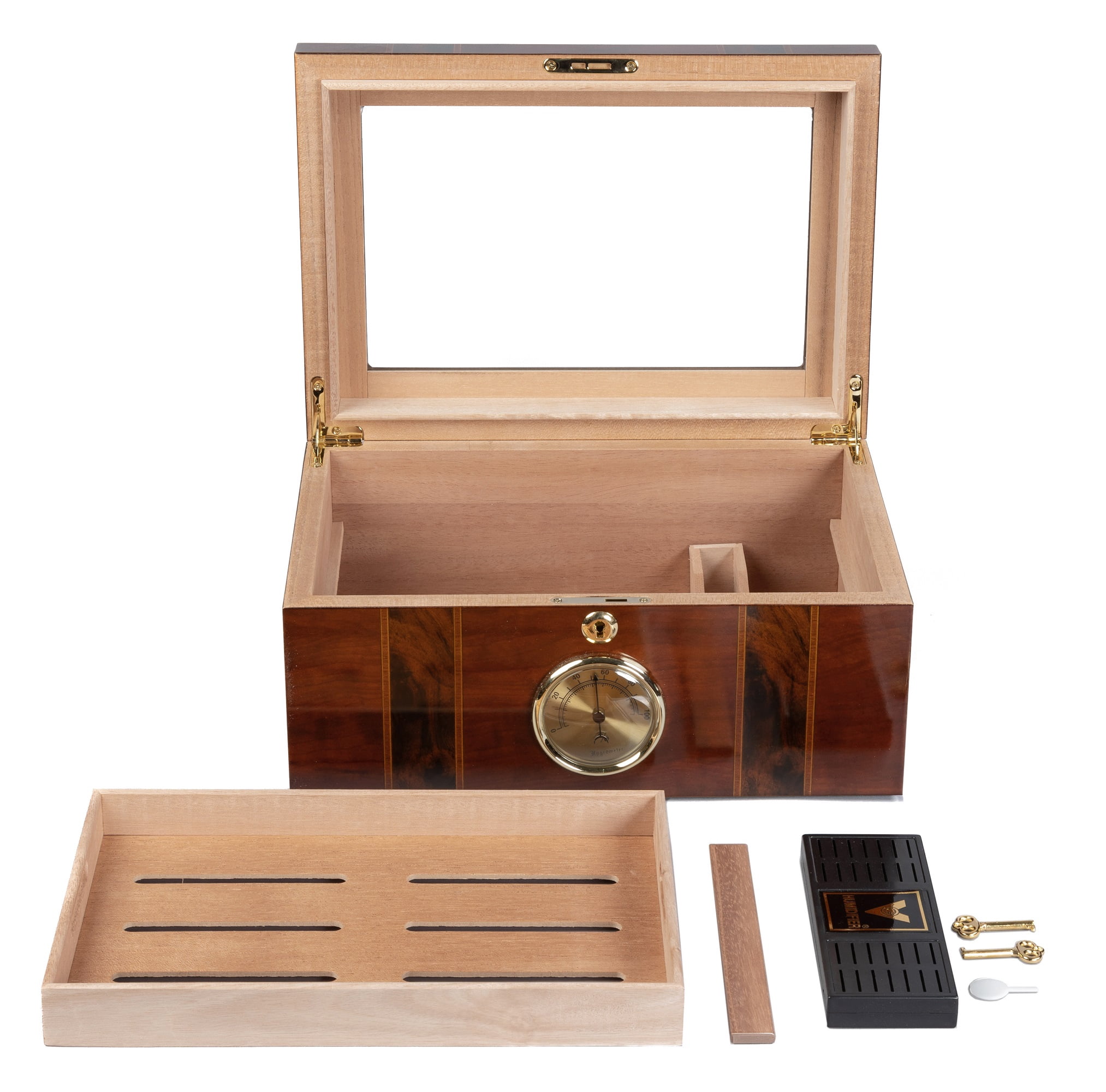 Ambassador Beveled Glass Top Cigar Humidor - High Gloss Dark Mahogany Finish - Capacity: 100