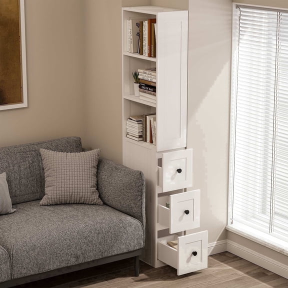 LAUSAINT HOME Bathroom Storage Cabinet, Tall Thin White Storage with 2 Adjustable Shelves & 3-level Drawers for Home, Kitchen