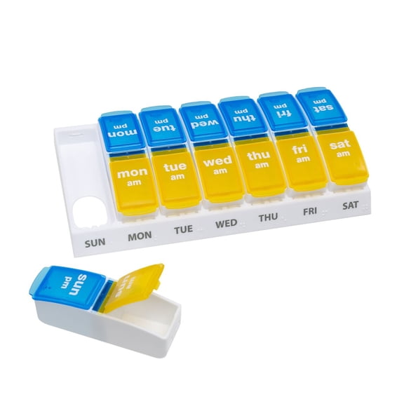 Ezy Dose Weekly (AM/PM) Travel Pill Organizer, Blue and Yellow