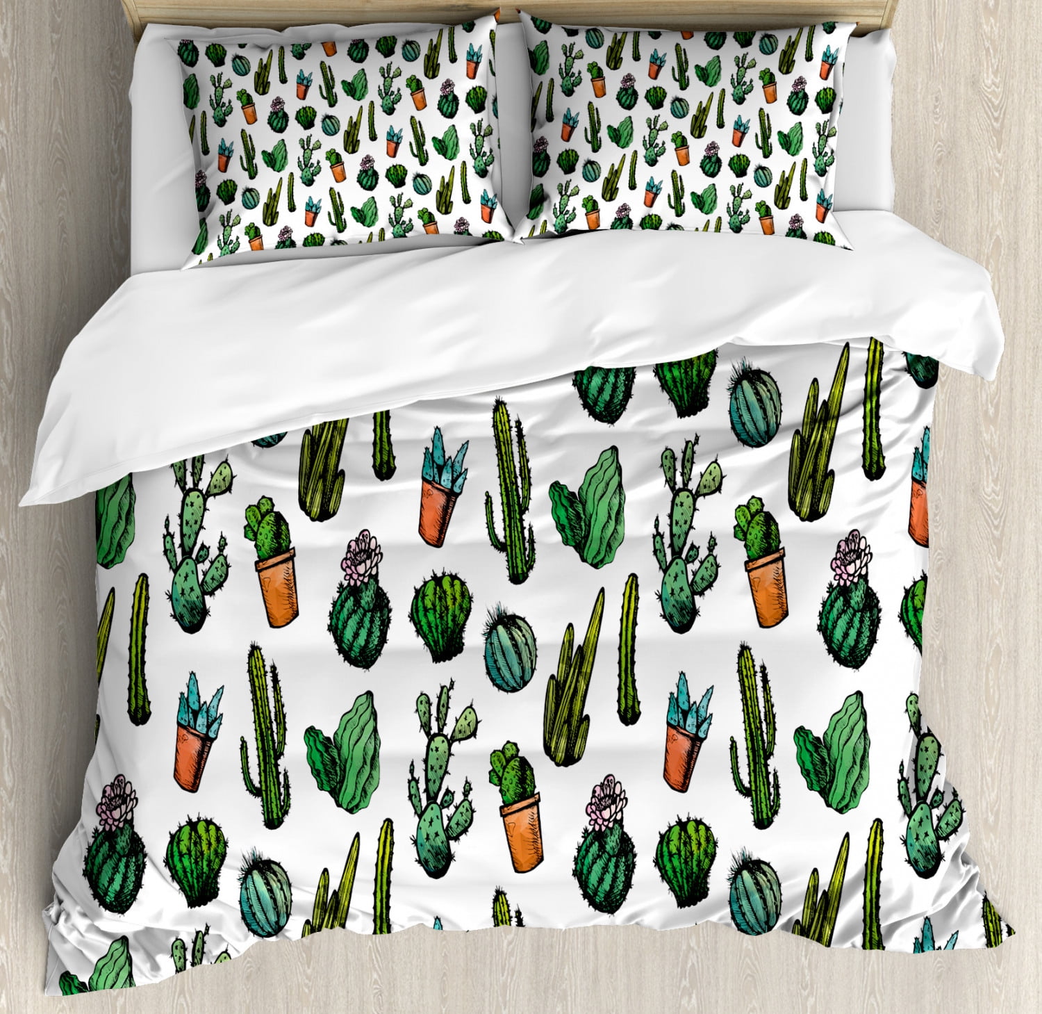 Cactus Duvet Cover Set, Sketchy Spiked Mexican Garden Foliage Boho Hand
