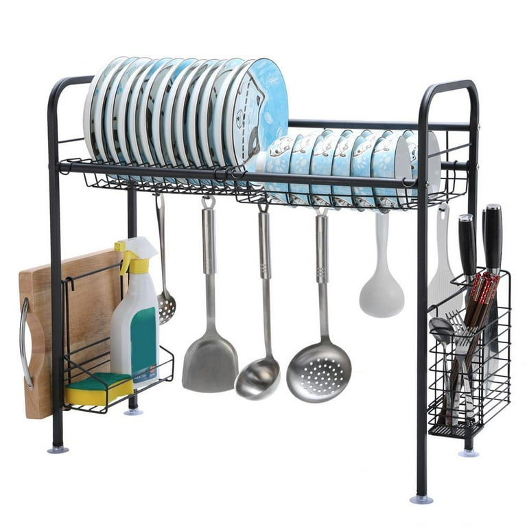 SONGMICS Dish Drying Rack, Stainless Steel Dish Racks for Kitchen Counter, Dish Drainers with 360° Rotatable Spout, Removable Drainboard, Fingerprint