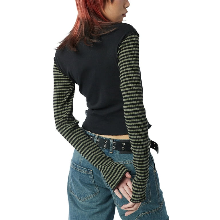 Women Star Patched Striped Long Sleeve T-shirt Harajuku