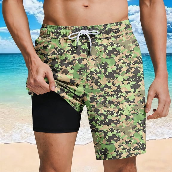 Ynynloco Mens Camouflage 2-in-1 Swim Shorts Quick Dry Beach Trunks with Compression Liner for Swimming Surfing