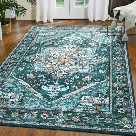 TWINNIS Boho Area Rug Soft Indoor Living Room Carpet,Green Bohemian Rug for Bedroom,4'x6'Non-Slip Washable Decorative Rug