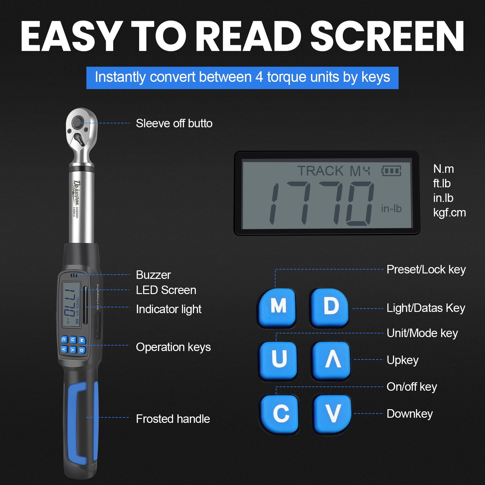 Digital Display Torque Wrench 3/8 inch 3-60NM with 1/4 inch,9/32 inch,5/16 inch,7/20 inch,3/8 inch,7/16 inch,15/32 inch Adapter
