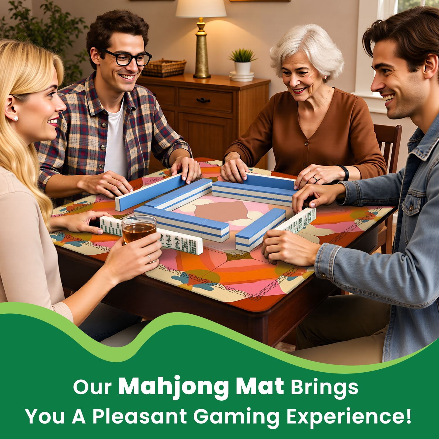 Mahjong Mat 31.5" x 31.5" 70 s Retro Seamless 60s 70s Aesthetic Style Non-Slip Noise Reduction American Mahjong Tiles Table Cover for Dominoes Poker Card Board Games Gift