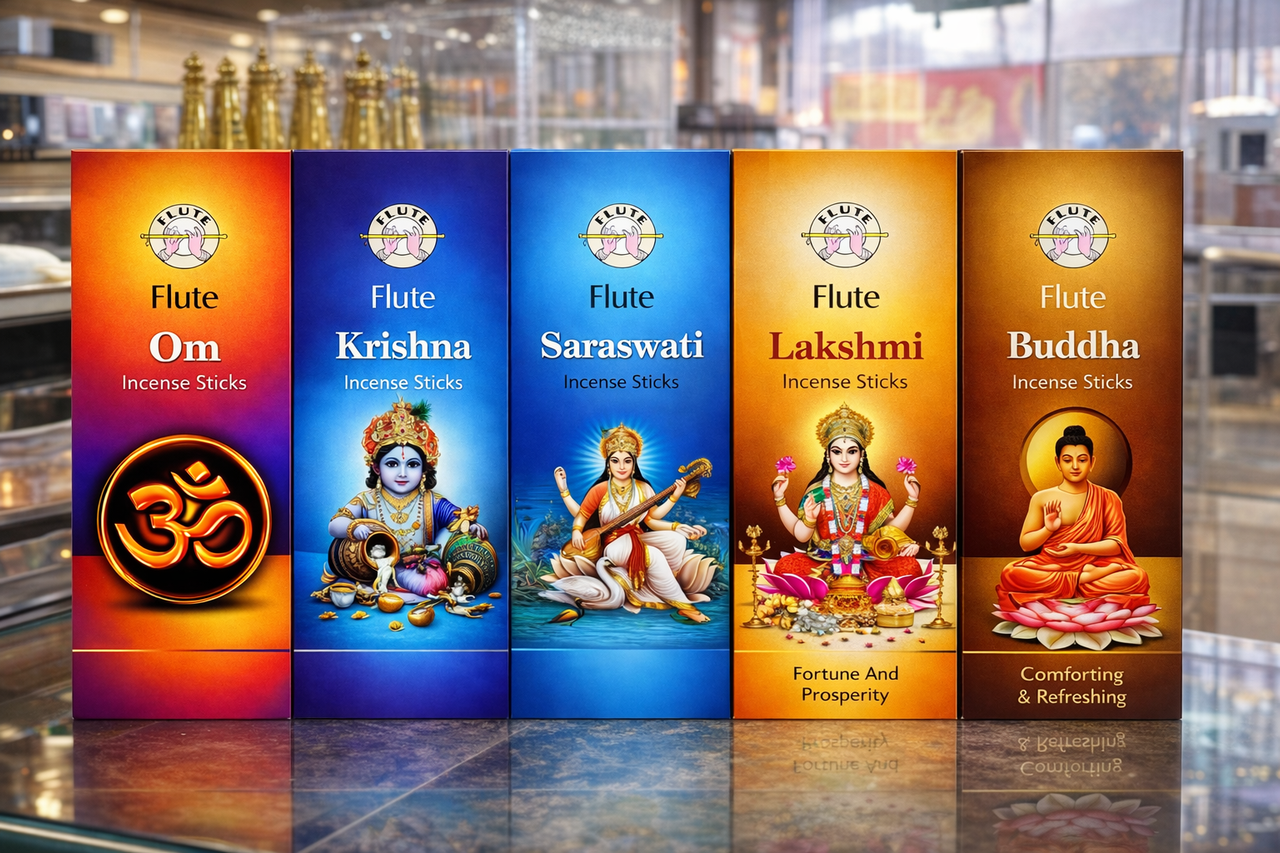 Flute Incense Sticks Variety Pack – Krishna, Lakshmi, Om, Buddha & Saraswati Aromatic Incense – Long Lasting Fragrance for Meditation, Yoga & Home – 5 Pack Bundle