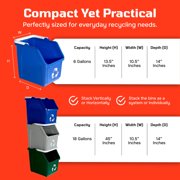 Sturdy Essentials Multi Recycling System with Three 6 Gallon Stackable Bins, 3 Pack, Blue/Grey/Green