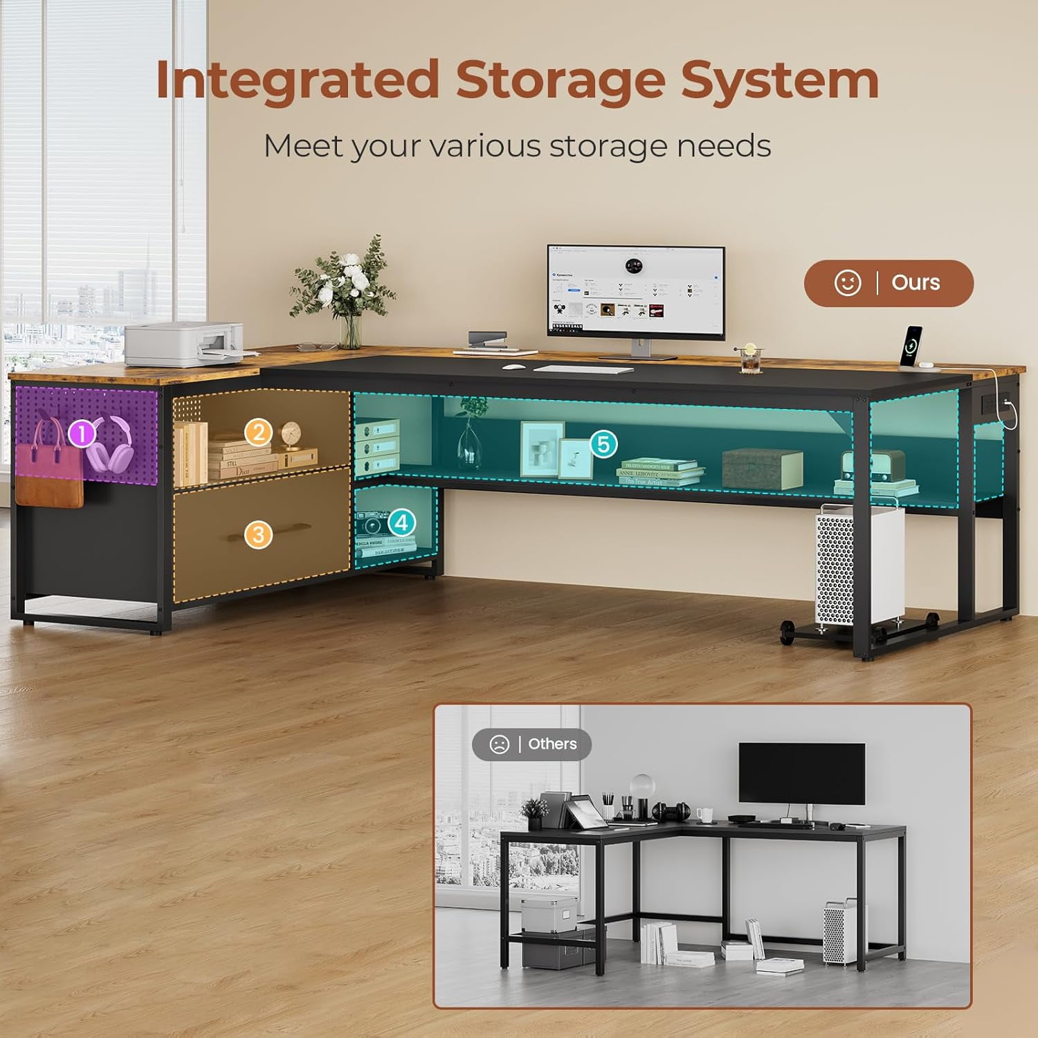 71" L Shaped Executive Desk, Reversible Computer Desk with Widen File Drawers, Power Outlets, CPU Stand, Hooks for Home Office (Brown)
