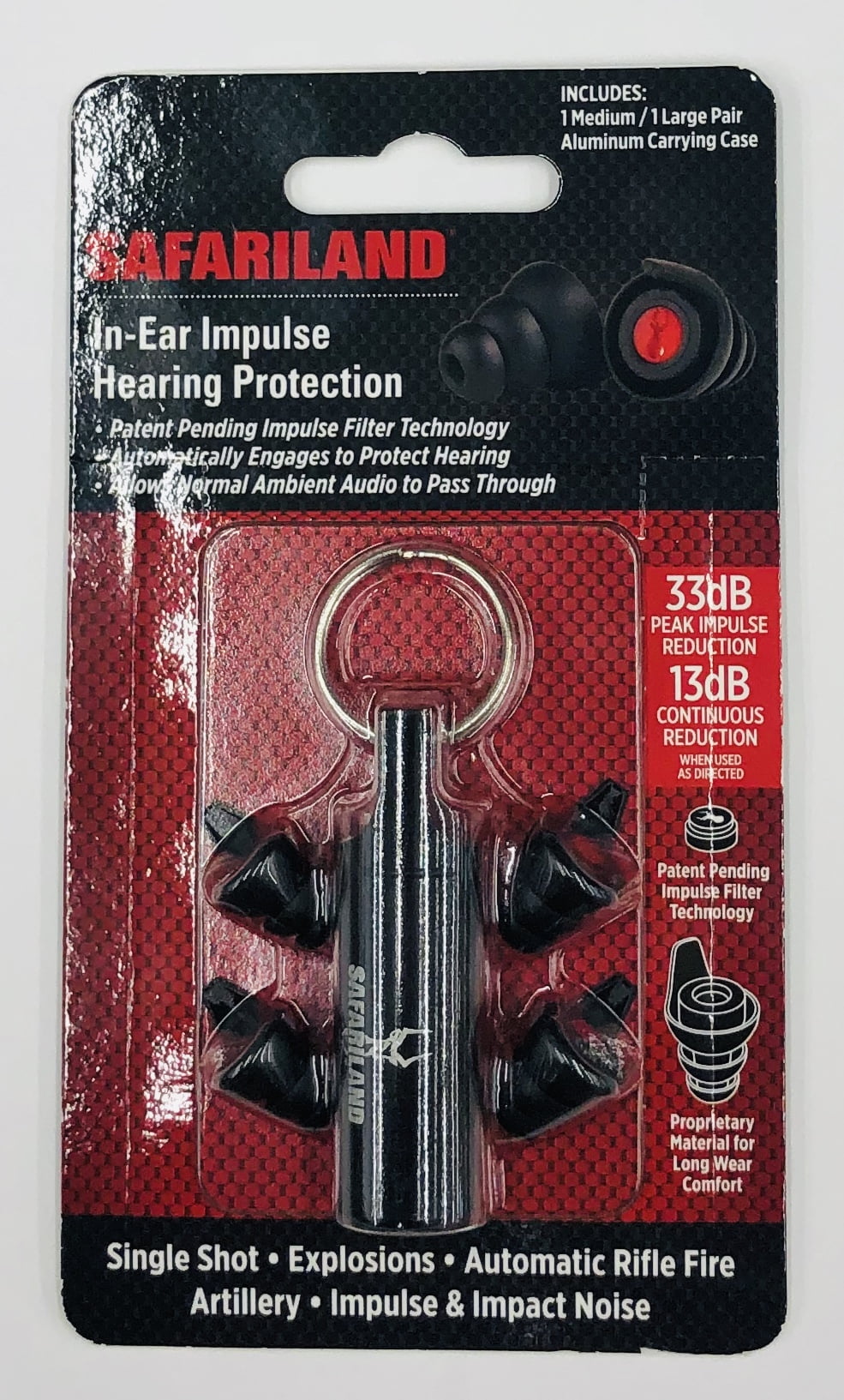 Safariland In-ear Impulse Hearing Protection Provides 33db Peak Impulse Reduction.