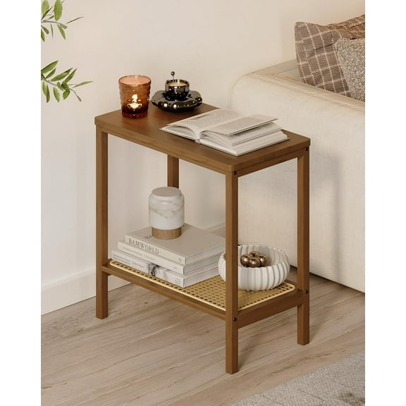 Rattan Side Table Mid Century Modern End Table Living Room 2-Tier End Table with Rattan Storage Shelves for Small Space Night Stand Narrow Coffee Table Boho Bamboo Small Bedside Table