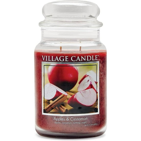Village Candle Apples & Cinnamon, Large Glass Apothecary Jar Scented Candle, 21.25 oz, Red