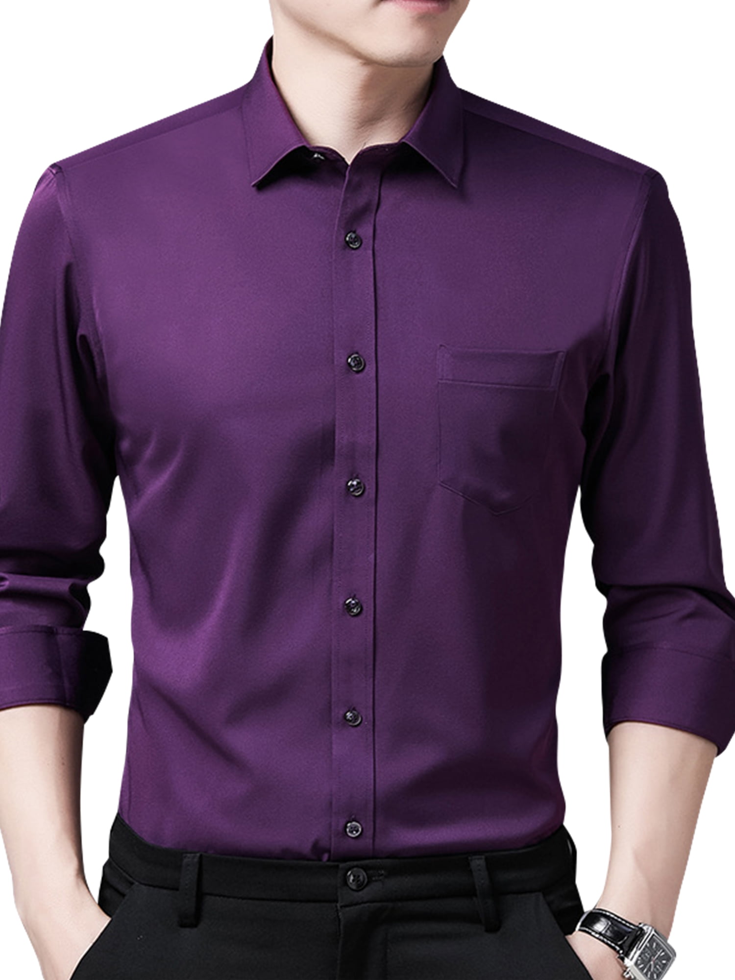 Formal Purple Pocket Men's Button Down Dress Shirts Long Sleeve Slim Fit Shirt 