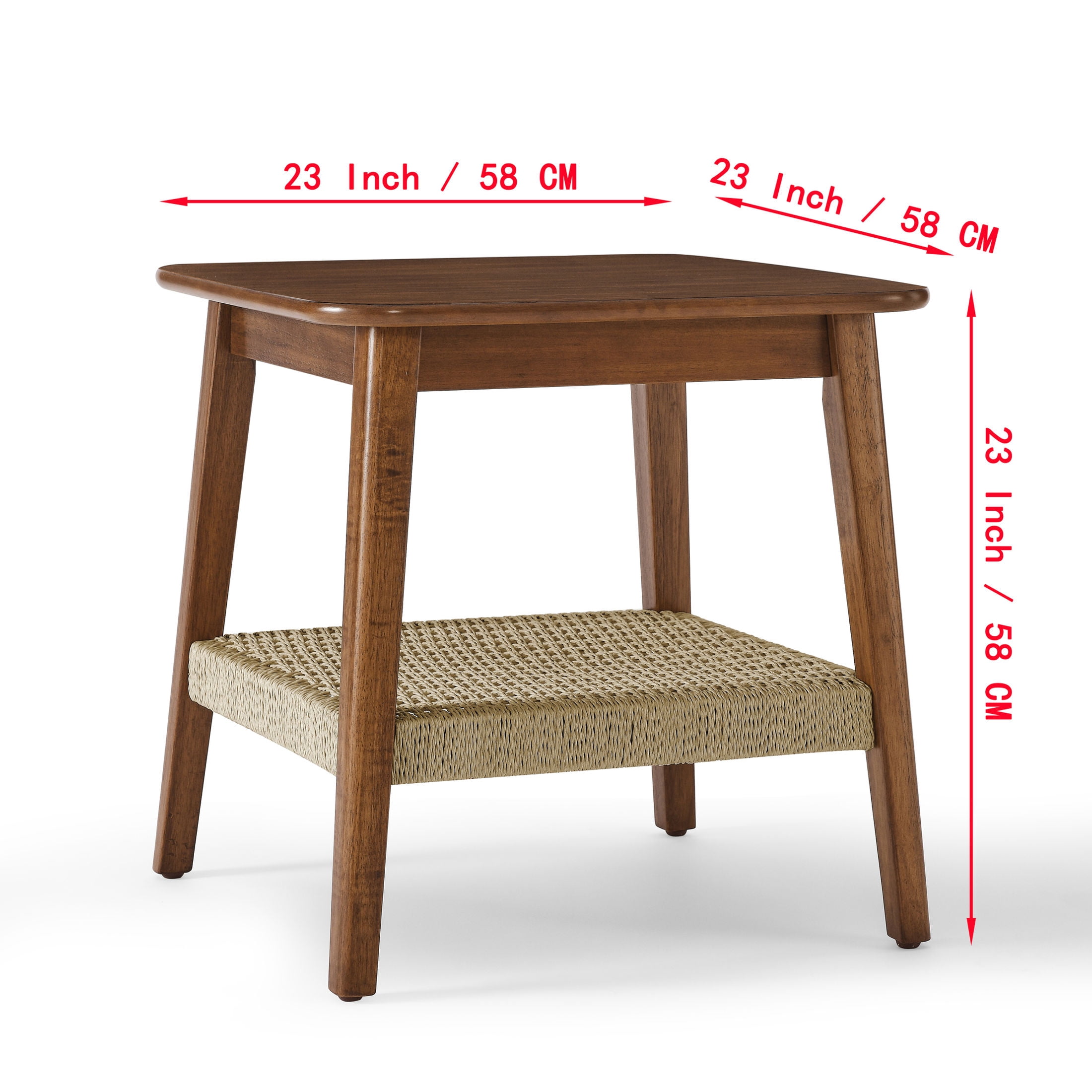 GDF Studio 23" Mid-Century Modern Side Table with Woven Storage Shelf, Solid Wood, Dark Walnut