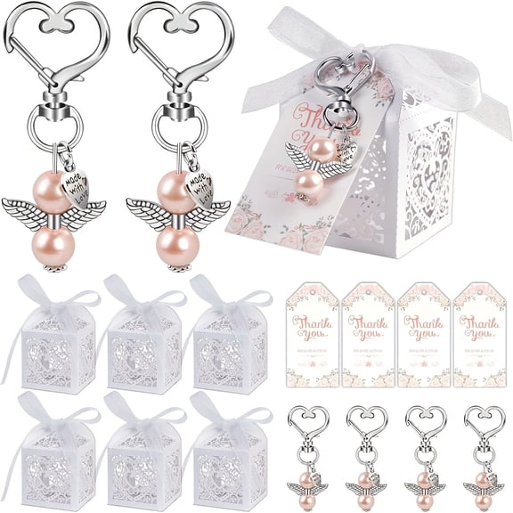 72Pcs Baptism Favors, Baby Shower Party Favors, Pink Pearl Angel Pendant Love Keychain Set with Favor Boxes and Thank You Cards, for Bridal Shower, Birthday Party, Wedding Favors for Guests