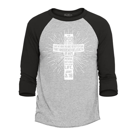 Shop4Ever Men's John 3:16 Bible Verse Cross  Raglan Baseball Shirt XX-Large Heather Grey/Black