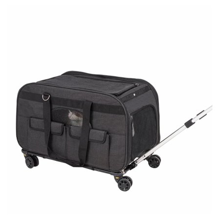 Cat Carrier with Wheels, Rolling Pet Carrier for Small Dogs up to 35 lbs, Telescopic Handle & Shoulder Strap, Breathable Travel Carrier with Bowl, Black