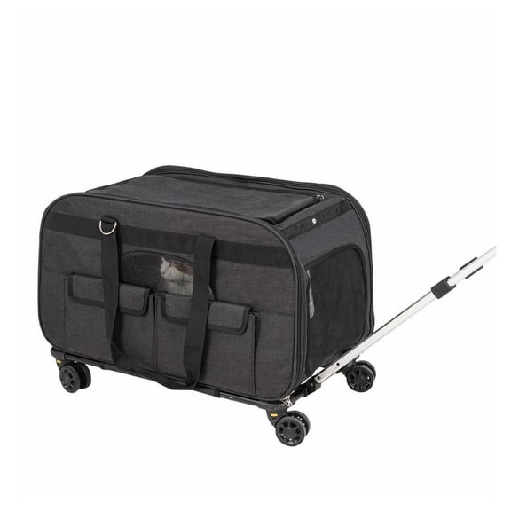 Cat Carrier with Wheels, Rolling Pet Carrier for Small Dogs up to 35 lbs, Telescopic Handle & Shoulder Strap, Breathable Travel Carrier with Bowl, Black