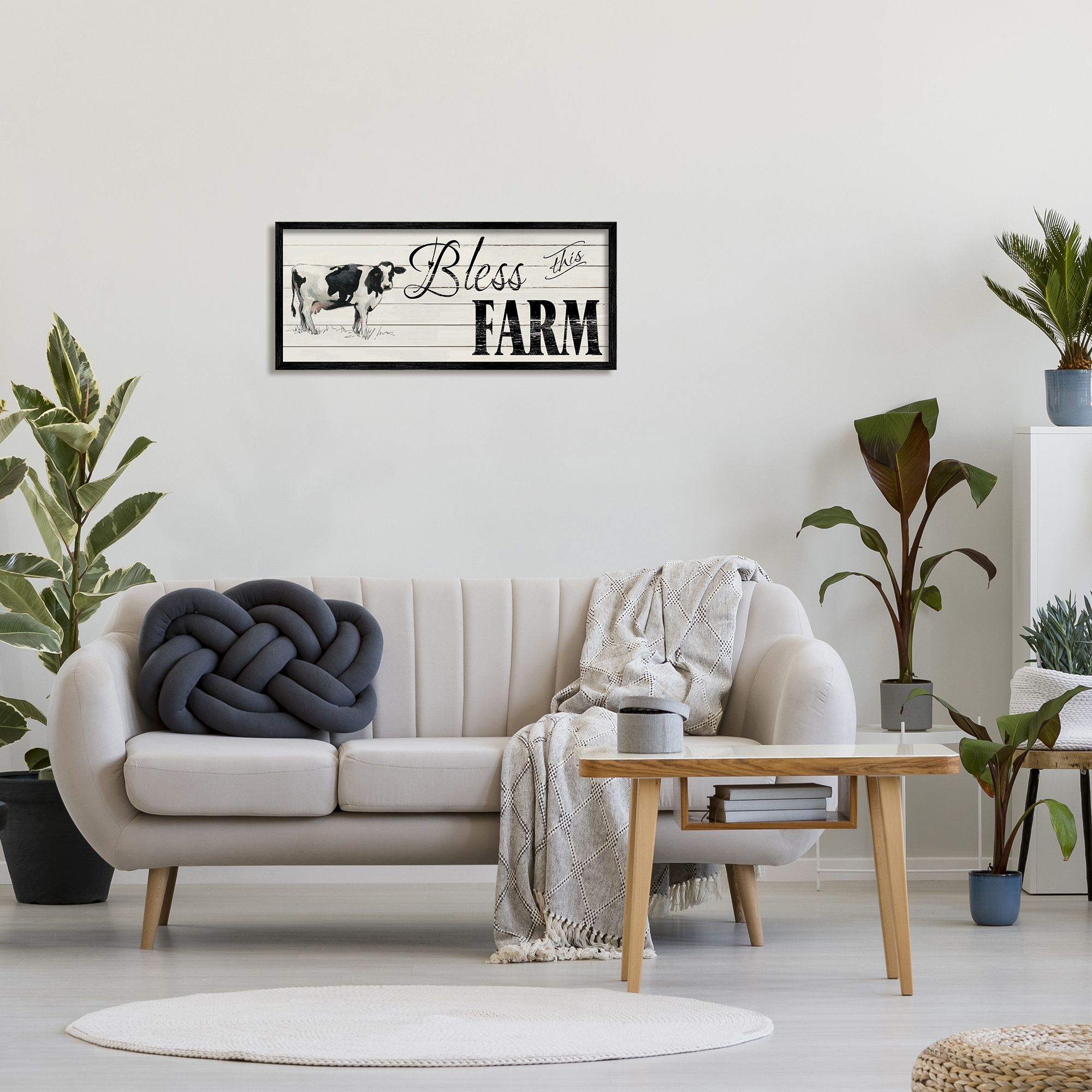 Stupell Industries Bless This Farm Sentiment Traditional Dairy Cow Religious Painting Black Framed Art Print Wall Art, 13 x 30