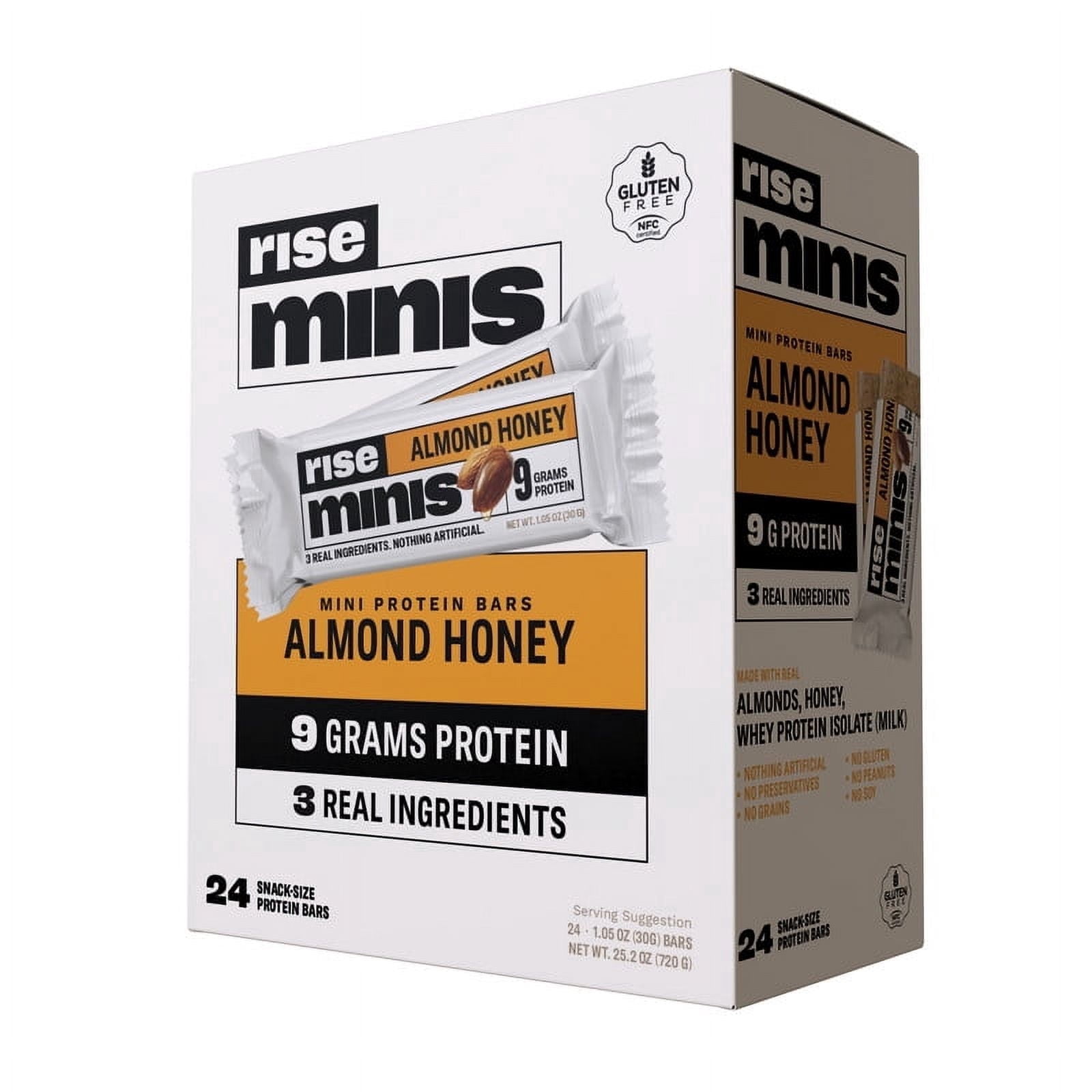 Rise Whey Protein Mini Bars - Almond Honey | Breakfast Bar & Protein Snack | 9g Protein, 2g Fiber | Just 3 Ingredients | Gluten-Free, Soy-Free | 24 Count