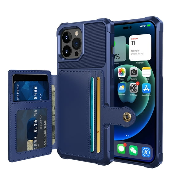 Nalacover Wallet Case for iPhone 14 Pro Multifunctional Design Back Case, Rugged PC Luxury PU Leather Magnetic Car Mount Cover with Card Slots Holder Shockproof Lens Protective Case,Darkblue