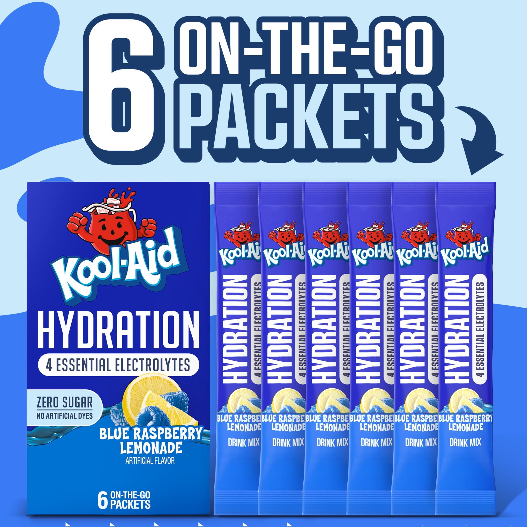 (12 pack) Kool-Aid Hydration Electrolyte Powder Drink Mix, 6 On-the-Go-Packets, for Easy and Flavorful Hydration, Blue Raspberry Lemonade Artificial Flavor, Zero Sugar, No Artificial Dyes, 1.32 oz Box