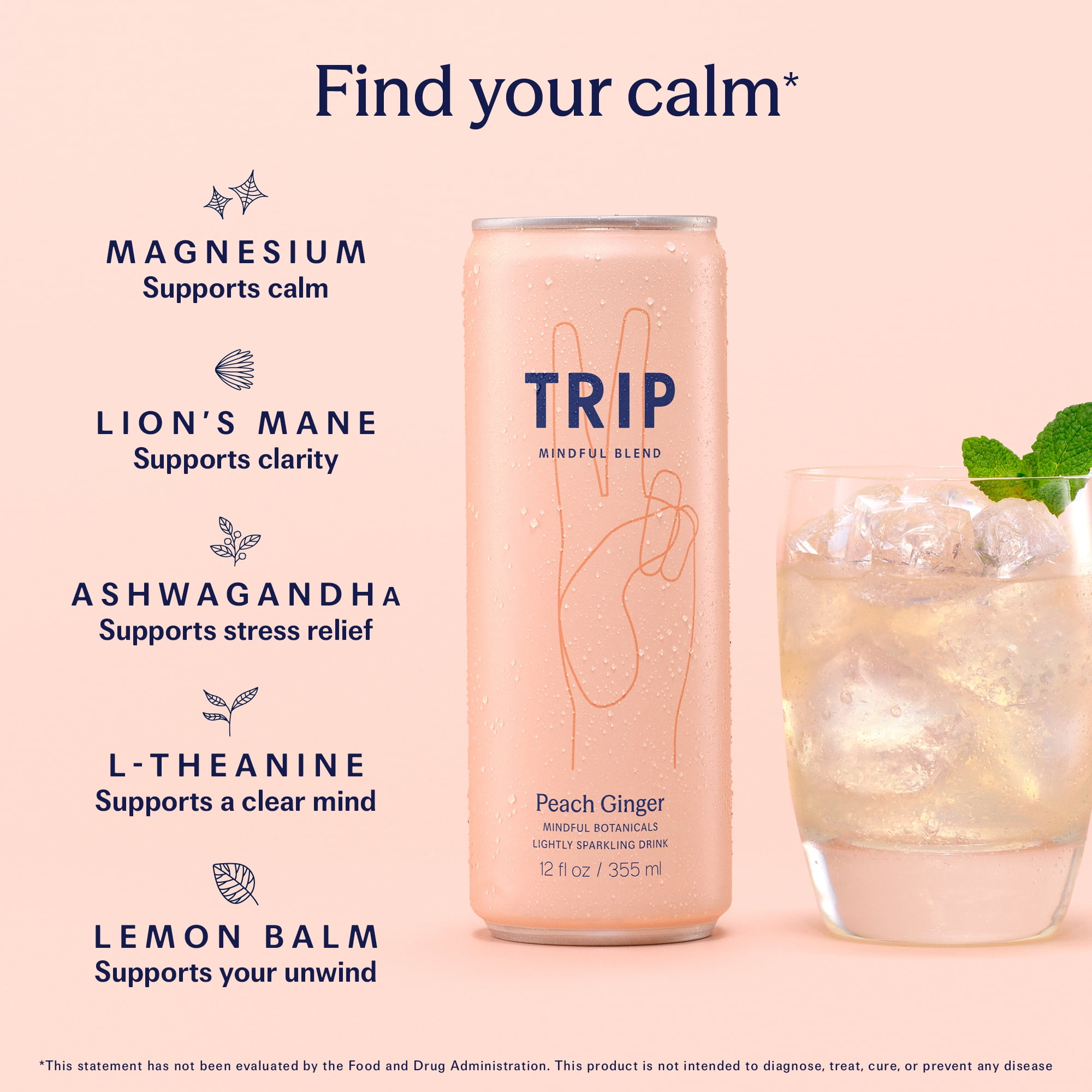 TRIP Sparkling Magnesium Drink, Peach Ginger Flavor, 12 oz, 12 Pack, Adaptogen Drink With Ashwagandha and Lions Mane