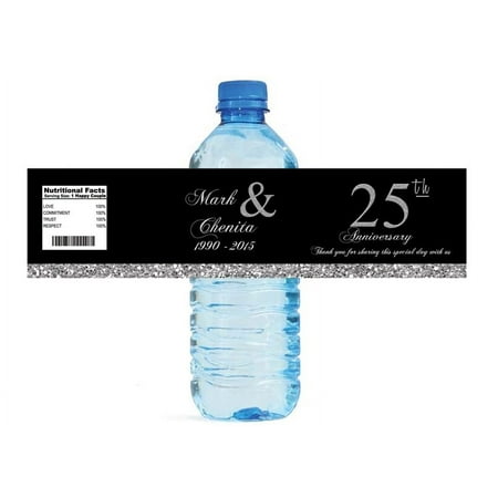 100 25th Anniversary Black with Silver Party Water Bottle Labels 8"x2"