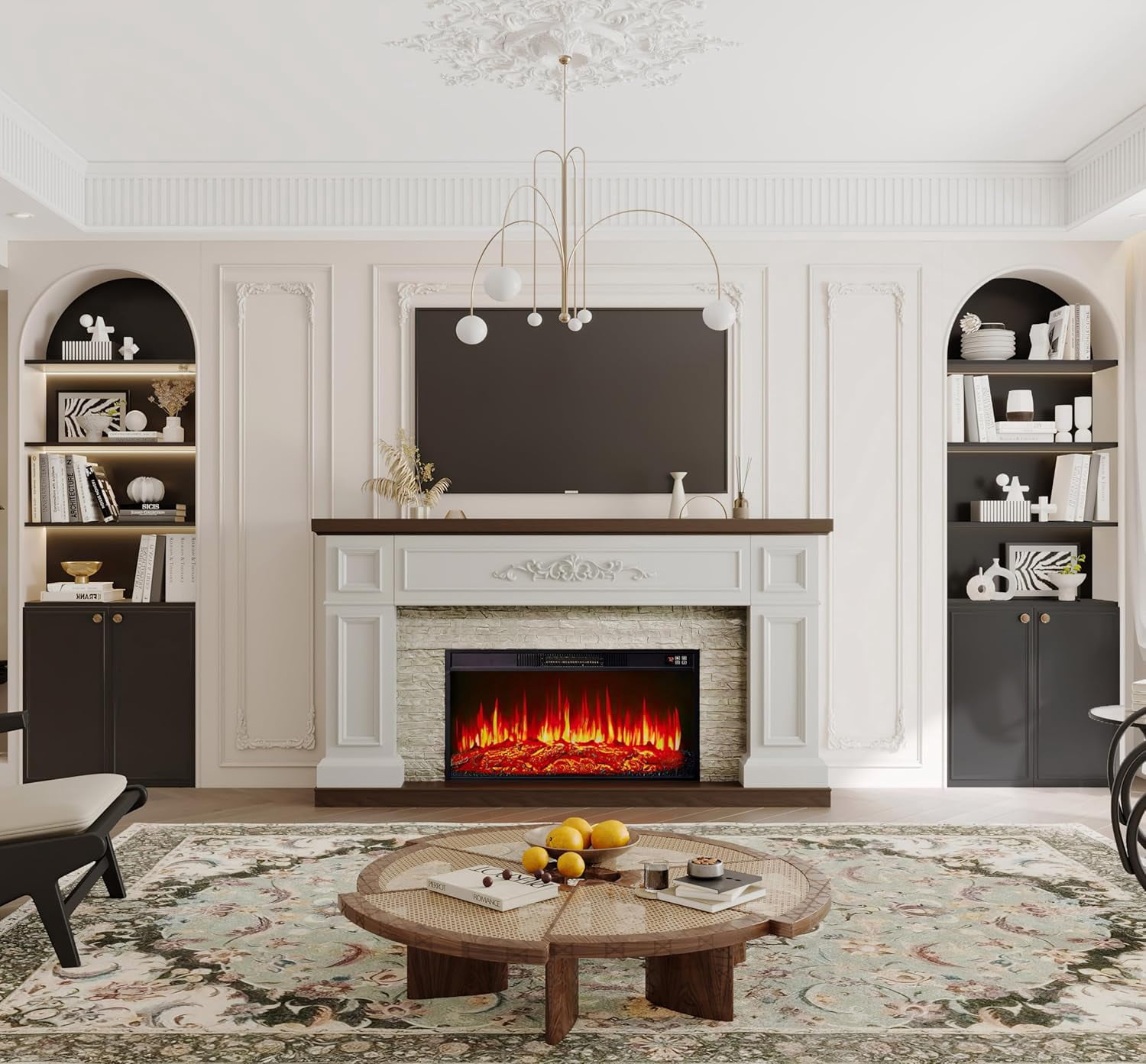 BOSHIRO Electric Fireplace with Mantel, 60 Inch Solid Wood Fireplace TV Stand for Living Room Bedroom