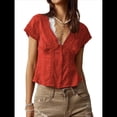 thumbnail image 1 of Blusa de Encaje con Cuello en V para Mujer, Corta, Fruncida, Ropa de Verano para Vacaciones Color Naranja M, 1 of 8