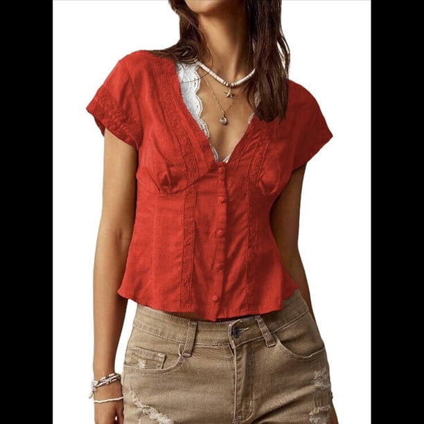 Blusa de Encaje con Cuello en V para Mujer, Corta, Fruncida, Ropa de Verano para Vacaciones Color Naranja XS