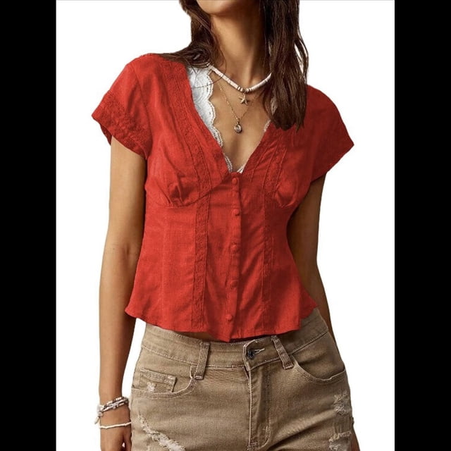 Blusa de Encaje con Cuello en V para Mujer, Corta, Fruncida, Ropa de Verano para Vacaciones Color Naranja XS