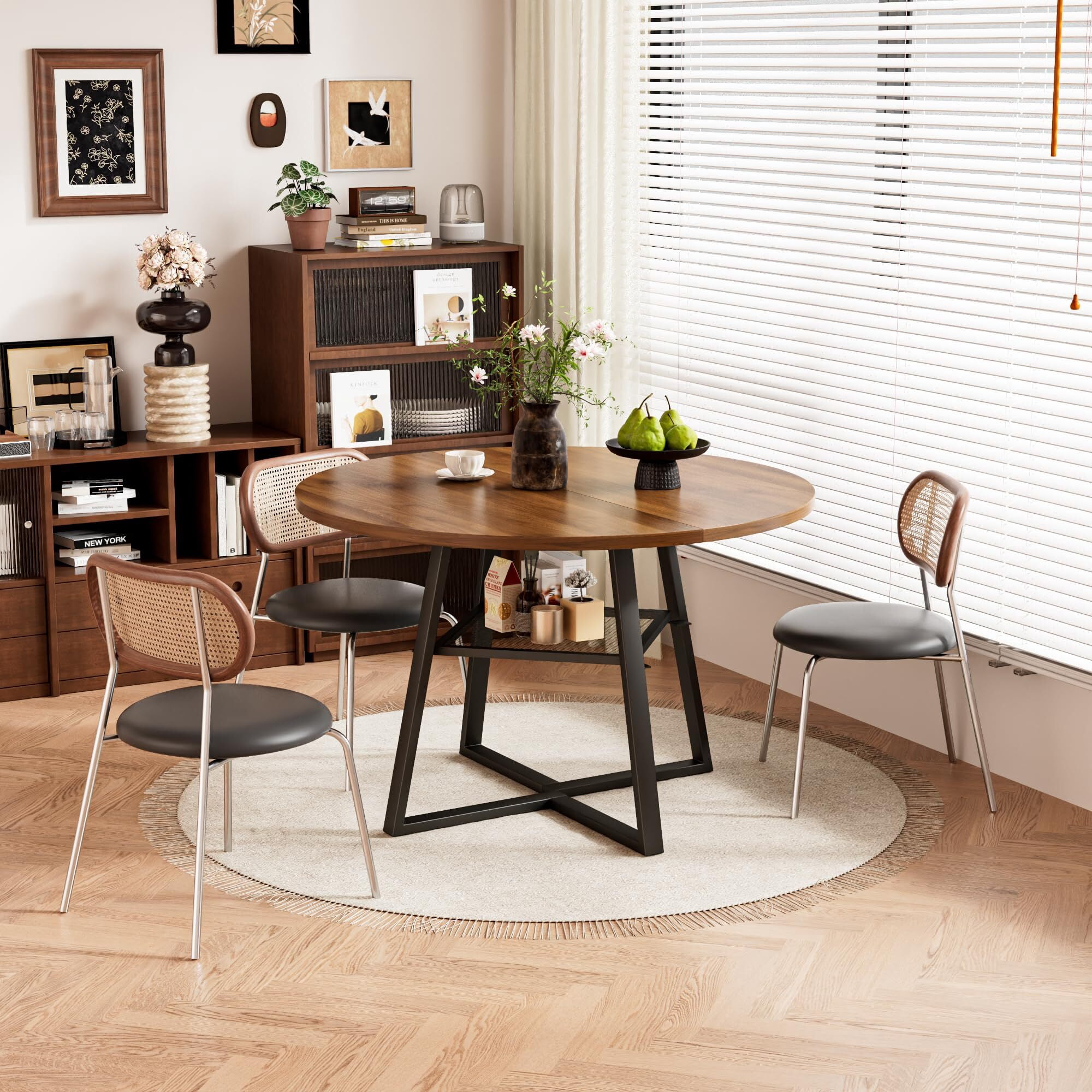 JEJEGORICH 47 in Round Dining Table for 4–6, Space Saving Kitchen Table with Storage, Mid Century Modern Metal Legs, Walnut
