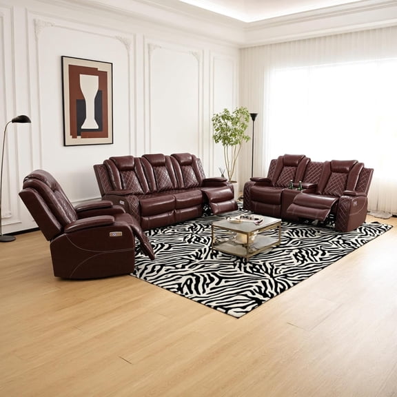 Power Recliner Sofa Set with LED, Leather Reclining Sofa Set, Living Room Furniture Set with USB Charging (3 Pieces Leather Couch Set, Garnet)