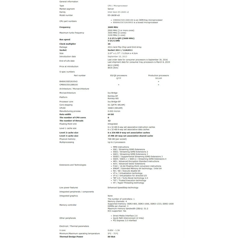 【楽ギフ_包装】 2.1 V2 2630 E5 2630v2 E5 E5-2630V2 Xeon GHz Twelve Six- CPU