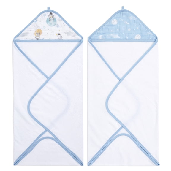 Aden + Anais Essentials Classic Hooded Baby Bath Towel, Super Soft 100% Cotton, 2 Pack, Male, Space Explorers