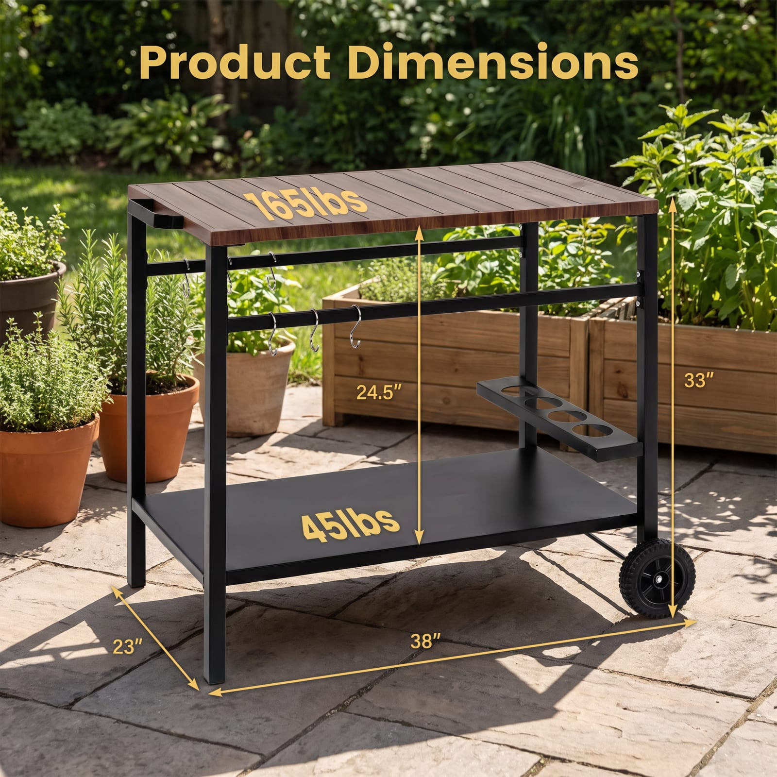 Furnibear Outdoor Grill Cart with Spice Rack and Hooks for Patio and Garden for Kitchen Dining Home Rolling Utility Serving, Brown