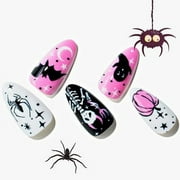 GLAMERMAID Press on Nails Short Almond for Halloween, Gothic Pink White Fake Nails Gel with Design Medium Oval Glue on Nails for Women, Pumpkin Reusable Black Acrylic False Nail Kits Stick on Nail