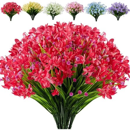 10 Bundles Artificial Flowers Fake Daffodils Flowers UV Resistant No Fade Faux Greenery Faux Plastic Lotus for Wedding Garden Hanging Planter Indoor Porch Patio Office Home Decoration Red