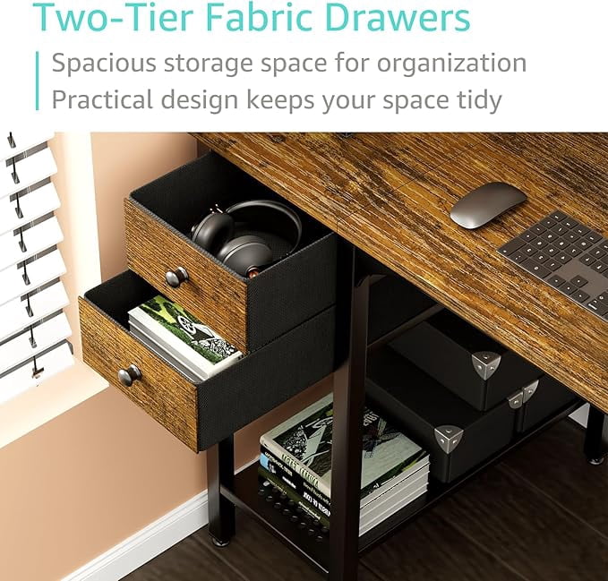 Lufeiya Computer Desk with Drawers - 40 Inch Work Small Desk for Bedroom Home Office, Simple Study Writing Table PC Desks with Drawer Storage Shelves, Rustic Brown