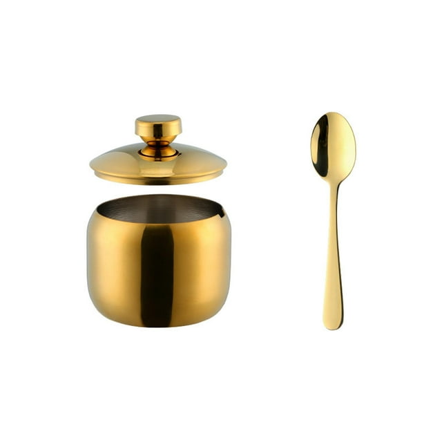Pot en Acier Inoxydable 304 10oz avec Couvercle en Verre Transparent et Cuillère Pot Doré Lavable au Lave-Vaisselle Pot à Condiments pour Bonbons Café Double Récipient de Stockage de Nourriture pour Chien Pot en Verre pour Buanderie