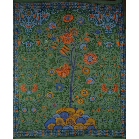 Tree of Life Tapestry Cotton Bedspread 108" x 88" Full-Queen Green