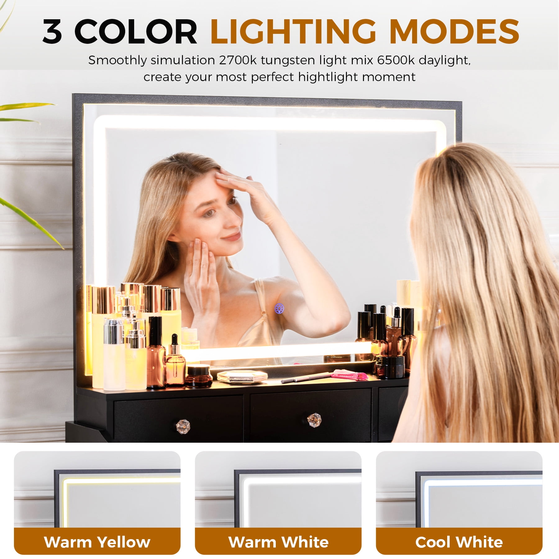 COMHOMA Makeup Vanity Desk with Mirror and Lights, Vanity Table and Chair Set with 5 Drawers and Charging Station, Black