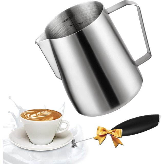 Worbic Milk Frothing Pitcher Complete Set,20oz Stainless Steel Milk Steaming Pitcher with Milk Frother Handheld Battery Operated Electric Foam Maker